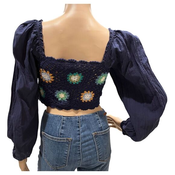 AERIE Crochet Granny Square Crop Top Floral Puff Sleeve BOHO Blue Sz XS - Picture 5 of 7